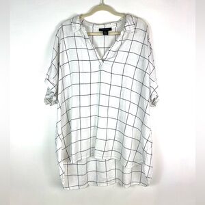 Tahari 2X Plus White Black Windowpane Linen Blend V-Neck Tunic Top